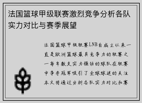法国篮球甲级联赛激烈竞争分析各队实力对比与赛季展望